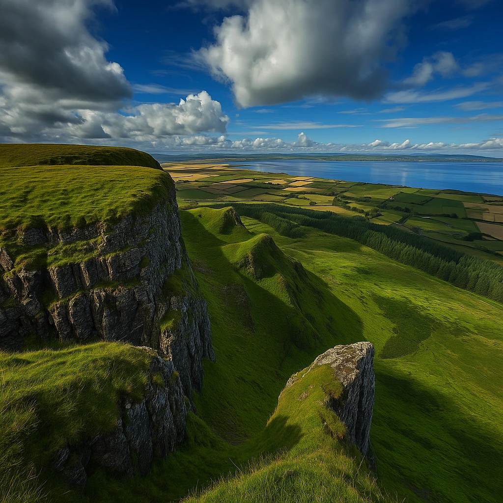 Dramatic cliffs and rolling green hills of Binevenagh Mountain overlooking Lough Foyle and the Causeway Coast, near Crann Darach Cottages in Northern Ireland.