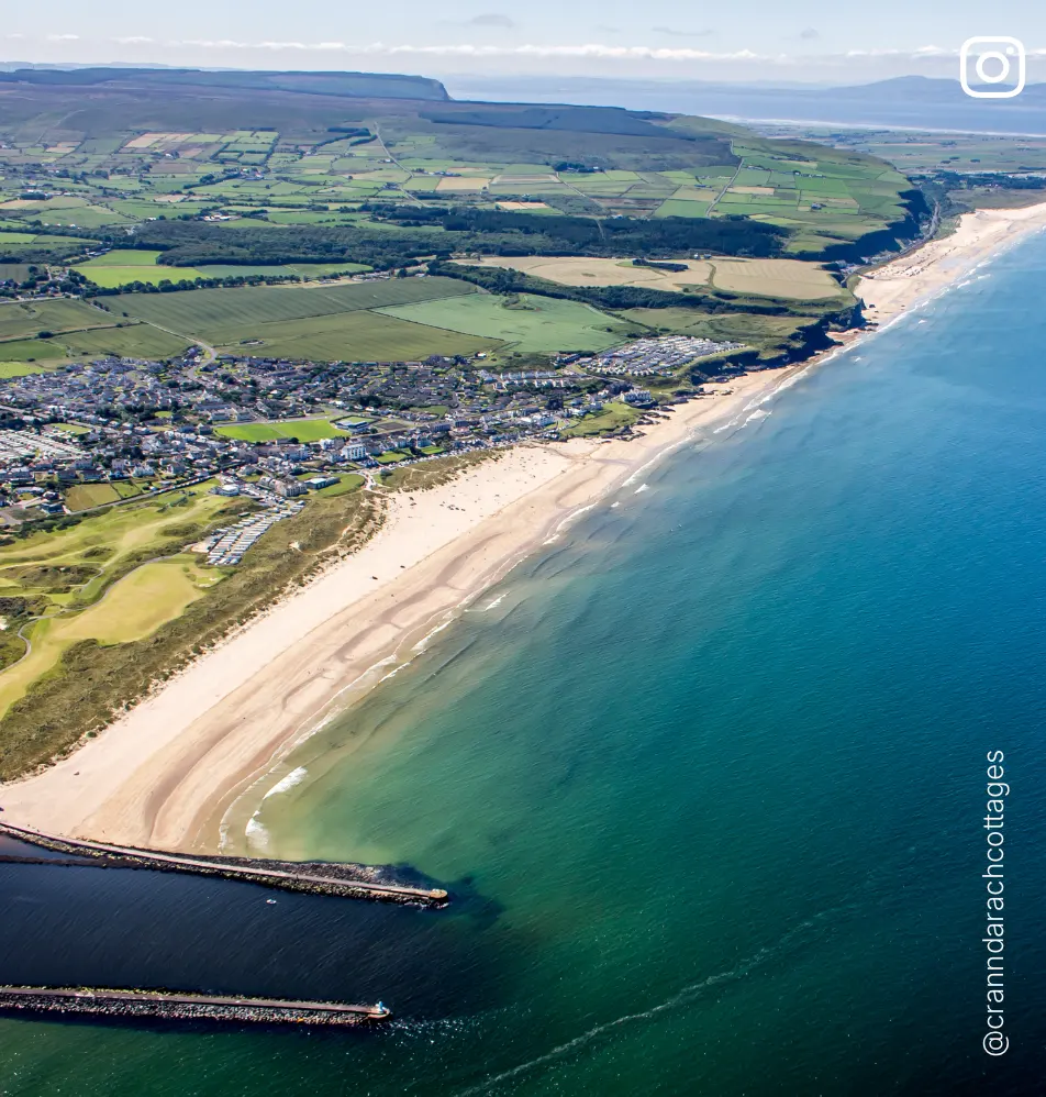 Aerial view of Benone Strand and the surrounding countryside near Binevenagh Mountain, along the Causeway Coast, Northern Ireland.