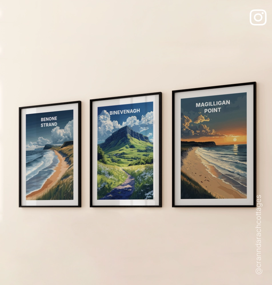 Art prints featuring Benone Strand, Binevenagh Mountain, and Magilligan Point, showcasing the beauty of Northern Ireland’s Causeway Coast.